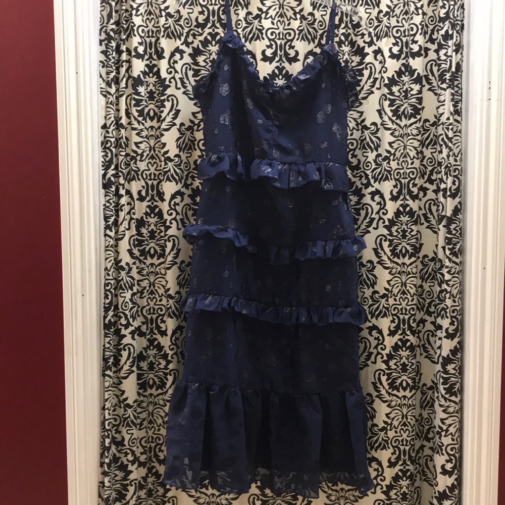MICHAEL KORS NAVY SHEER CHIFFON TIER RUFFLED DRESS